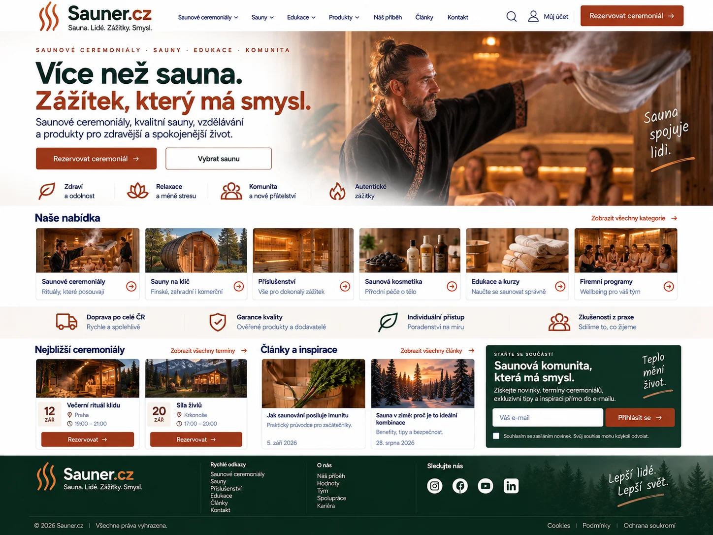 Ilustrační návrh teplého webu o saunování a saunových ceremoniálech